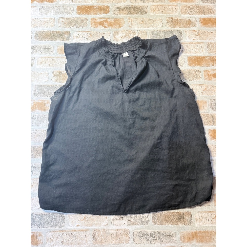 Old Navy Womens Black‎ Cotton Smocked Split Neck Flutter Sleeve Blouse Large